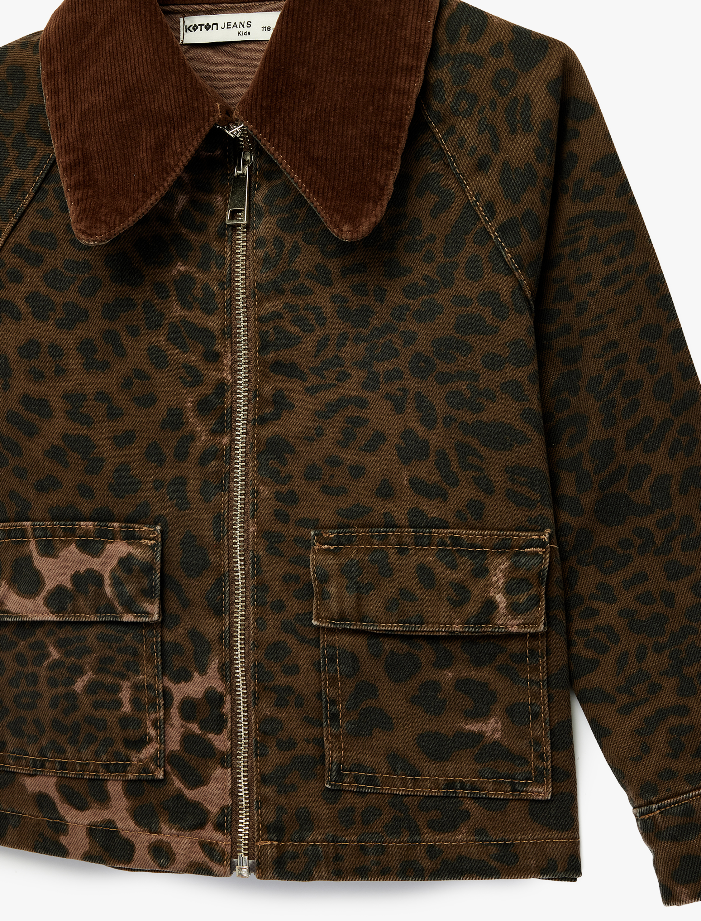  Kız Çocuk Pamuklu Uzun Kollu Oversize Polo Yaka Leopar Desenli Jean Ceket