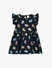 Unicorn Baskılı Fırfır Detaylı Kolsuz Bisiklet Yaka Pamuklu Elbise