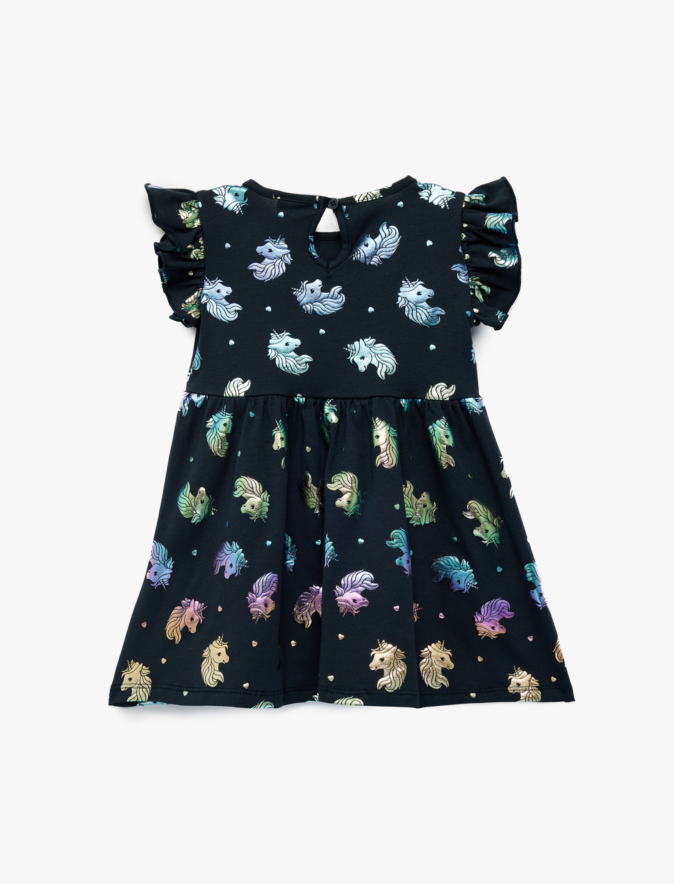  Kız Bebek Unicorn Baskılı Fırfır Detaylı Kolsuz Bisiklet Yaka Pamuklu Elbise