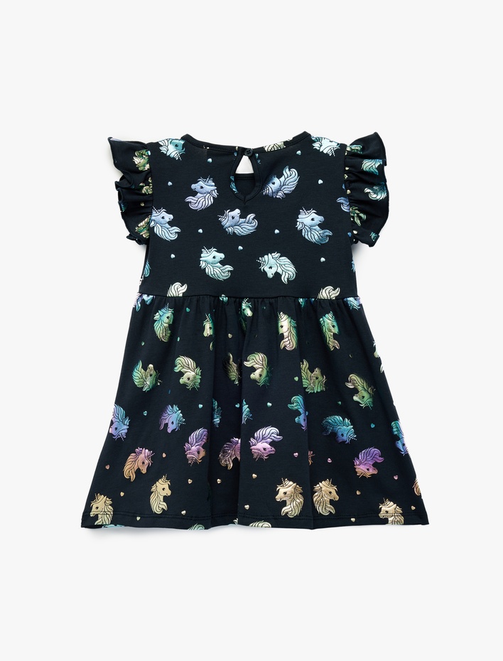 Kız Bebek Unicorn Baskılı Fırfır Detaylı Kolsuz Bisiklet Yaka Pamuklu Elbise