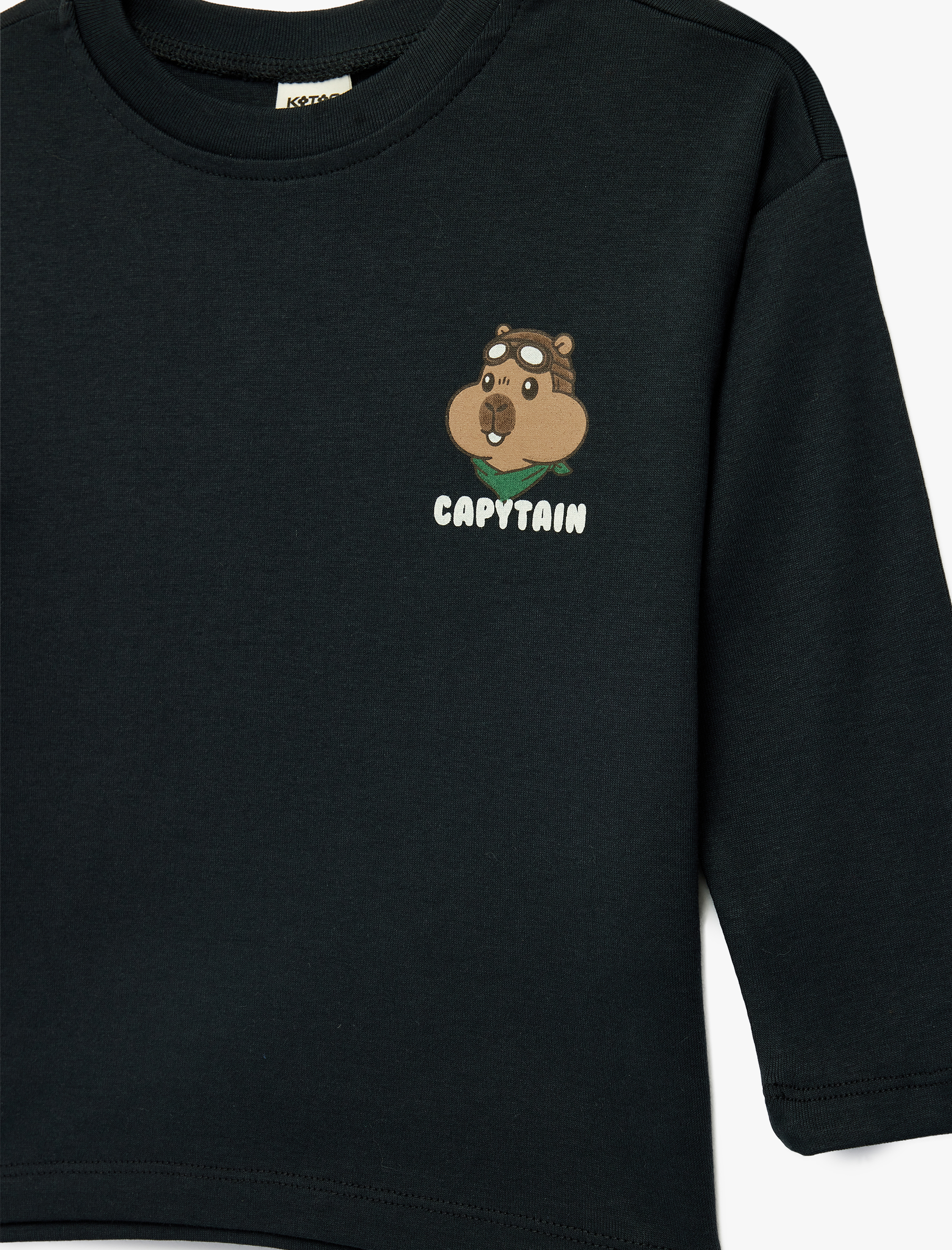  Erkek Bebek Uzun Kollu Pamuklu Bisiklet Yaka Kapibara Baskılı Tişört