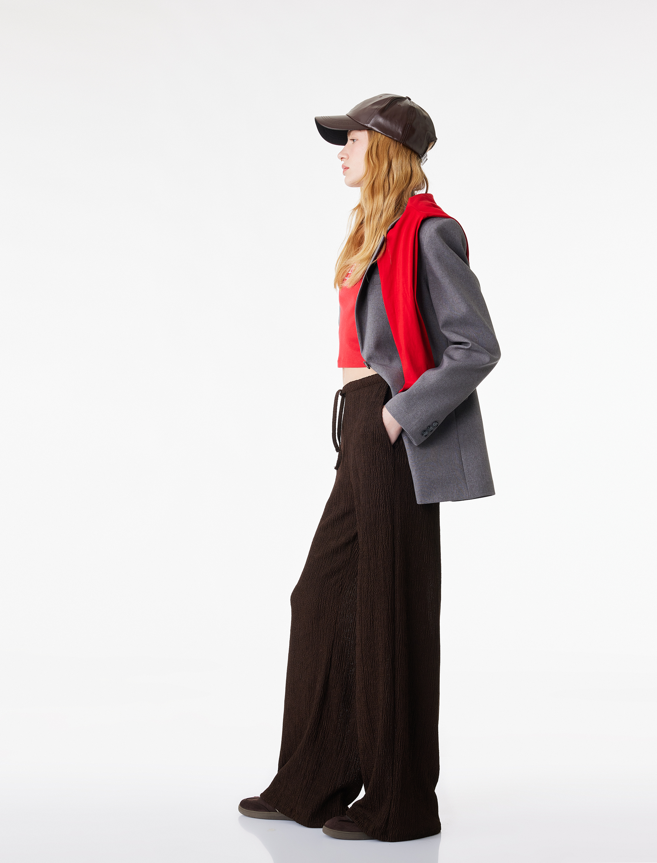   Bürümcük Kumaş Beli Bağcıklı Geniş Paça Pantolon