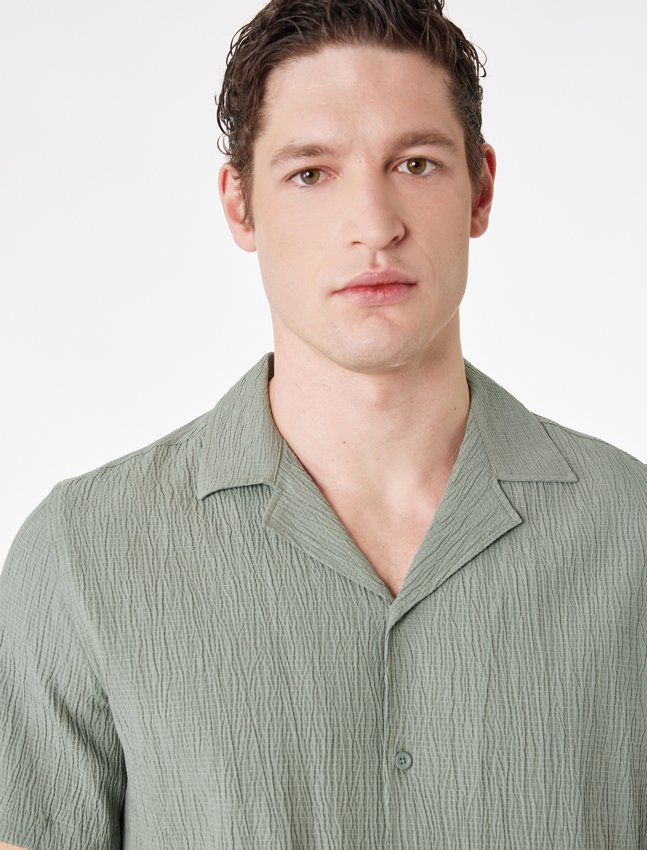   Regular Fit Kısa Kollu Dokulu Apaş Yaka Gömlek