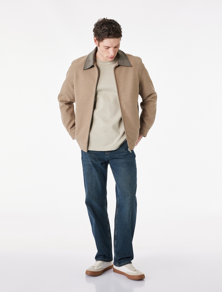  Regular Fit Uzun Kollu Cepli Fitilli Yaka Detaylı Fermuarlı Kaşe Ceket