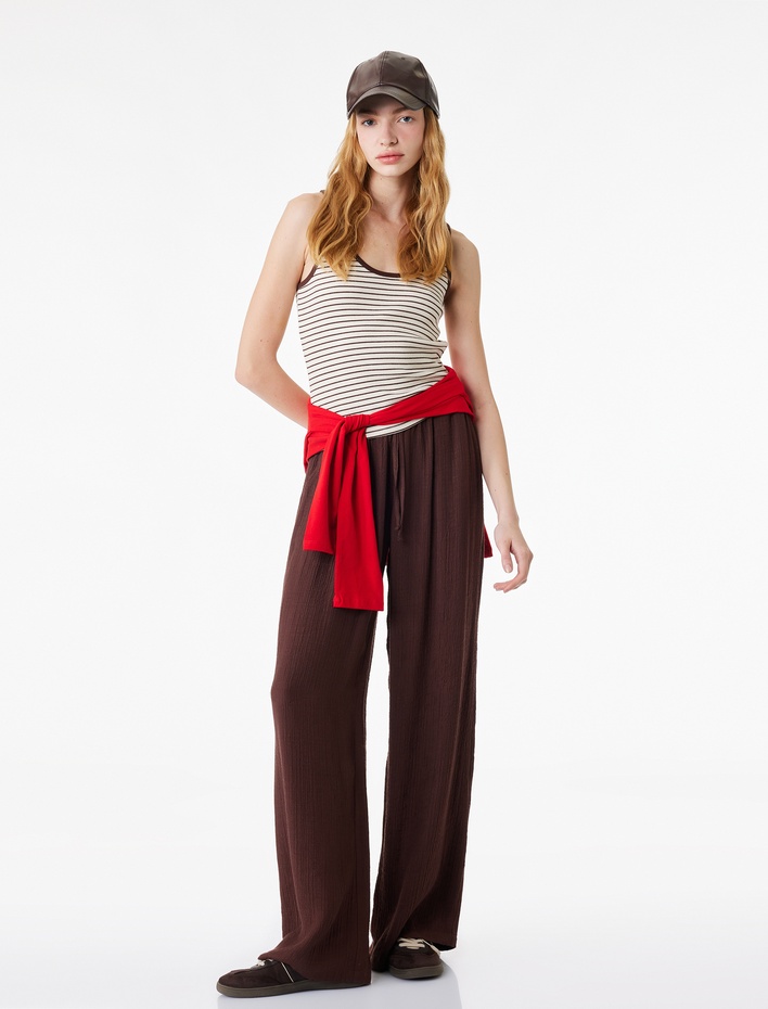  Beli Bağcıklı Cep Detaylı Düz Paça Viskon Karışımlı Pantolon