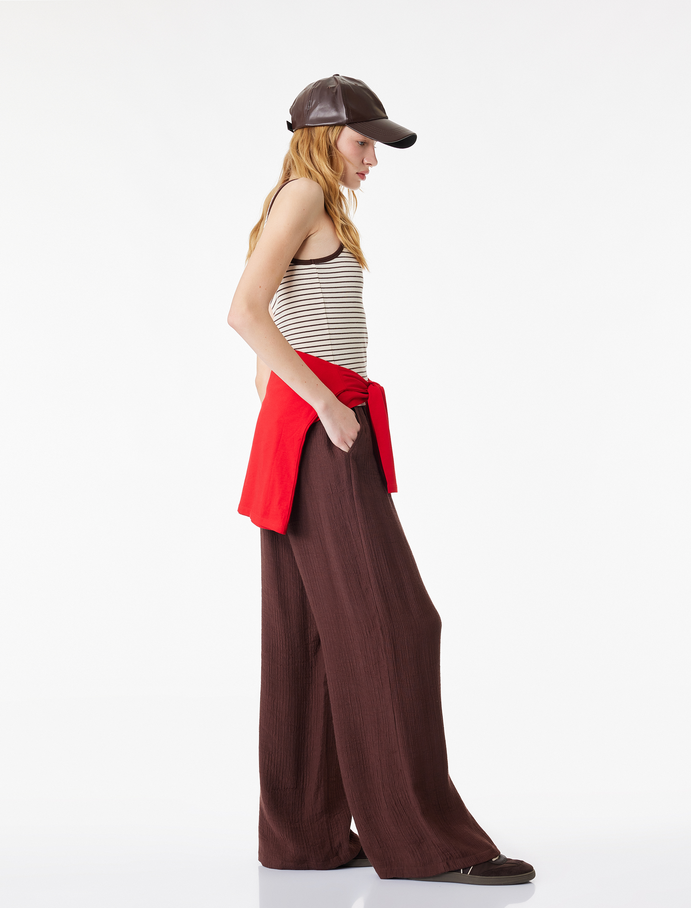   Beli Bağcıklı Cep Detaylı Düz Paça Viskon Karışımlı Pantolon