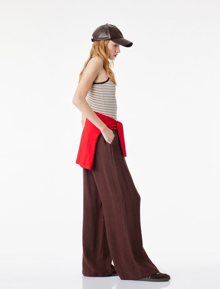  Beli Bağcıklı Cep Detaylı Düz Paça Viskon Karışımlı Pantolon