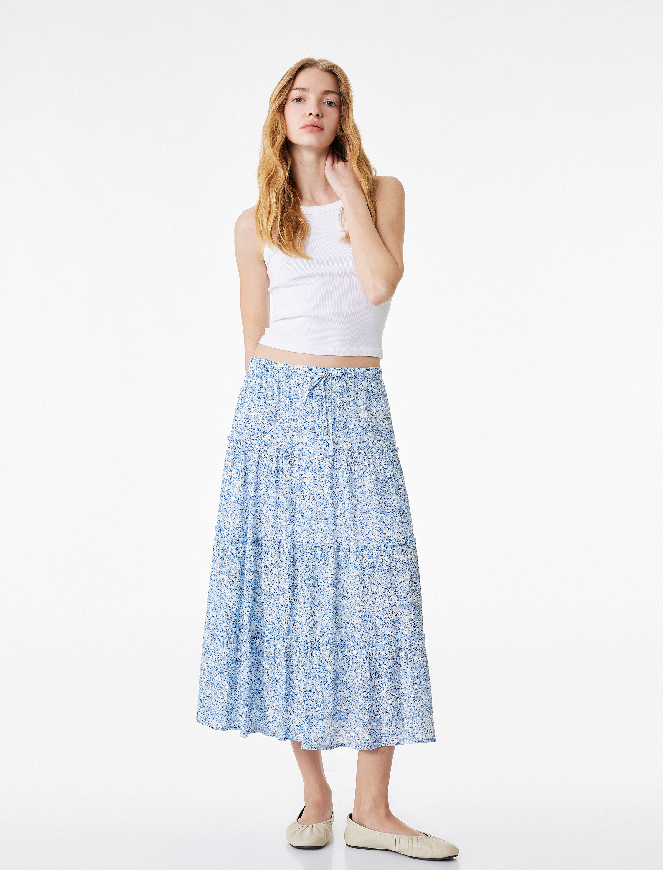   Beli Bağcıklı Viskon Crinkle A Kesim Çiçekli Uzun Etek