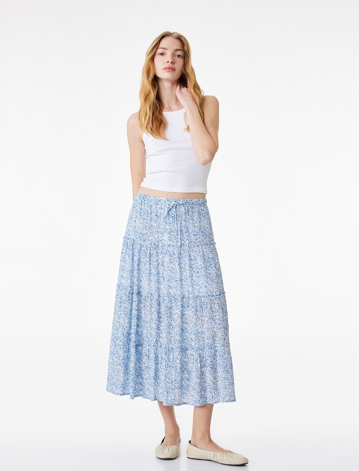  Beli Bağcıklı Viskon Crinkle A Kesim Çiçekli Uzun Etek