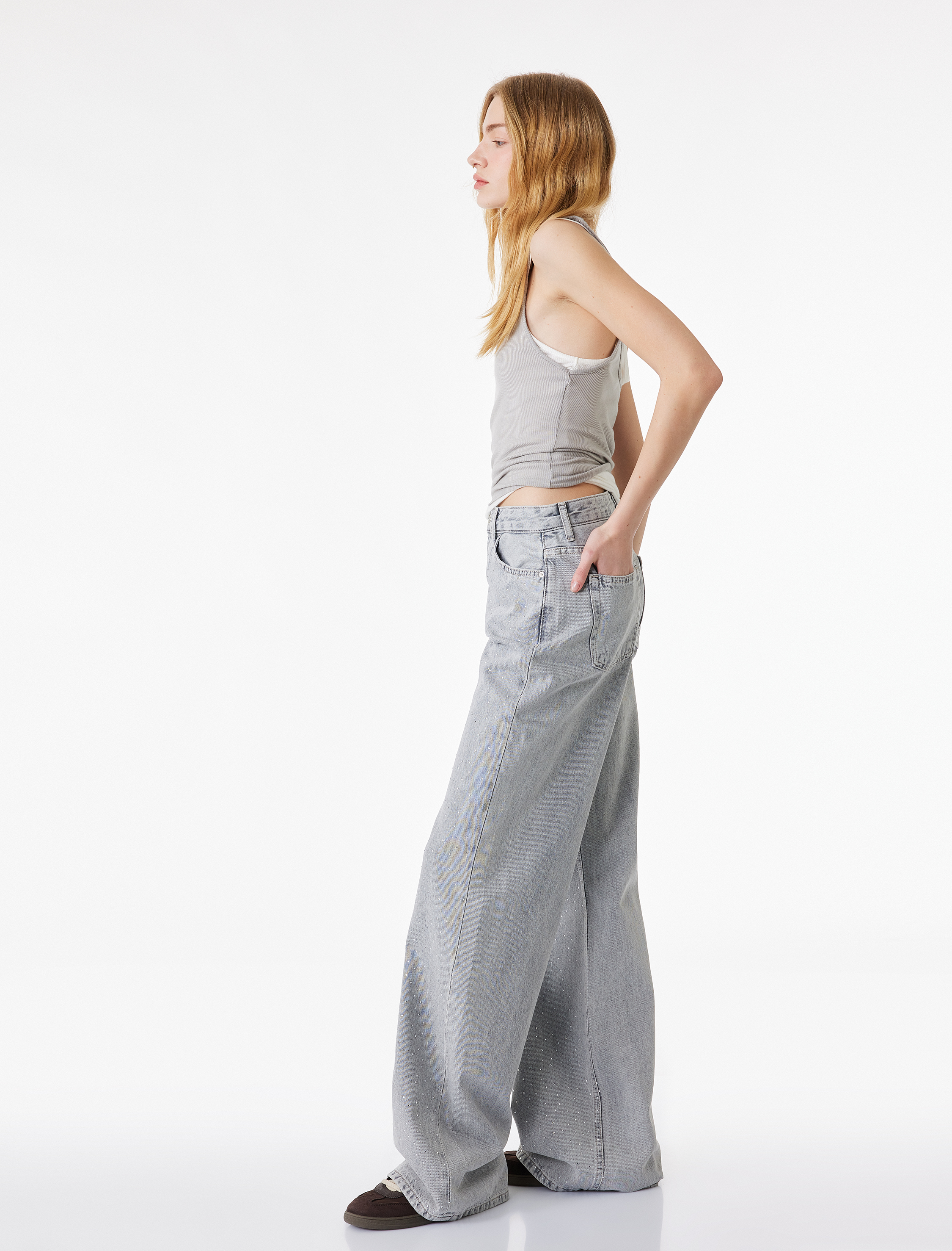   Normal Bel Taş Detaylı Pamuklu Geniş Paça Denim Pantolon - Wide Leg Jean