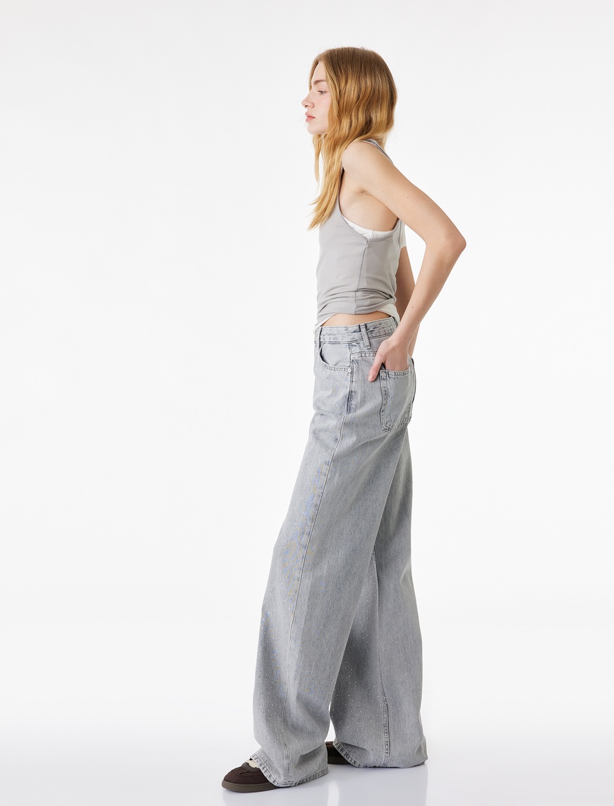 Koton Kadın Normal Bel Taş Detaylı Pamuklu Geniş Paça Denim Pantolon - Wide Leg Jean