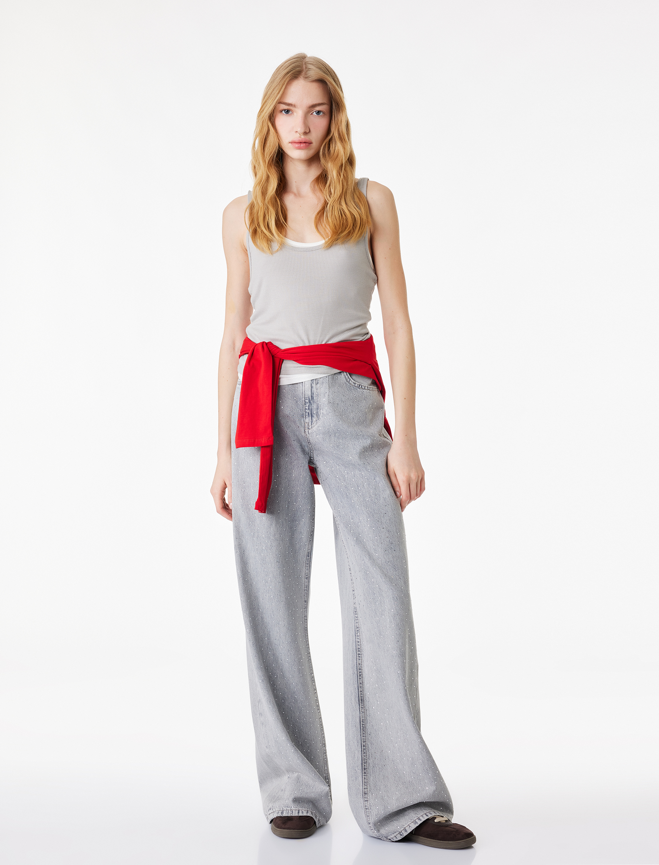   Normal Bel Taş Detaylı Pamuklu Geniş Paça Denim Pantolon - Wide Leg Jean