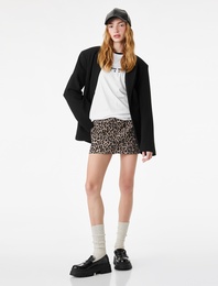 Taş Detaylı Düğmeli Yüksek Bel Mini Leopar Etek