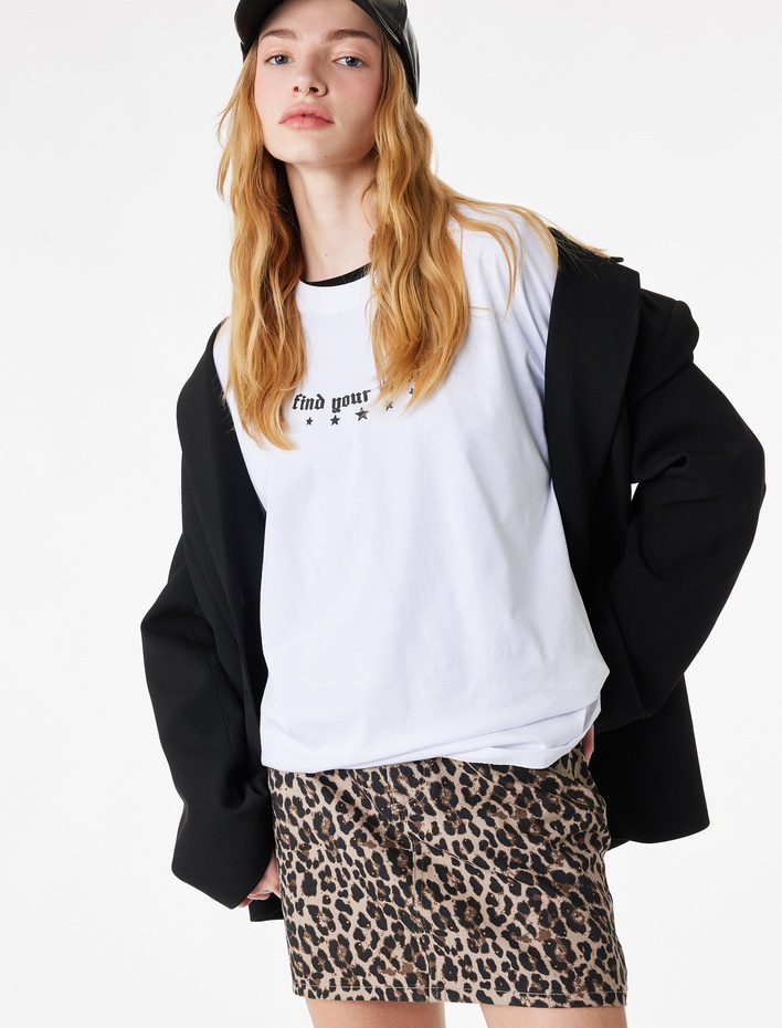  Taş Detaylı Düğmeli Yüksek Bel Mini Leopar Etek