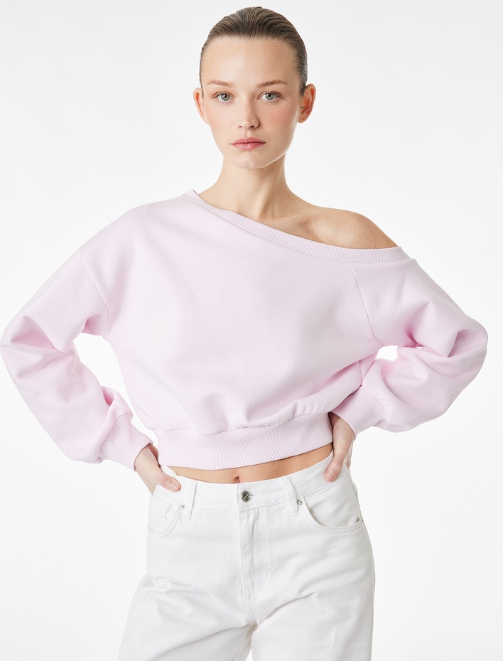  Üç İplik Şordonlu Uzun Kollu Asimetrik Yaka Omzu Açık Sweatshirt