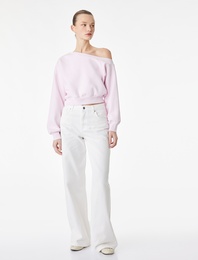 Üç İplik Şordonlu Uzun Kollu Asimetrik Yaka Omzu Açık Sweatshirt