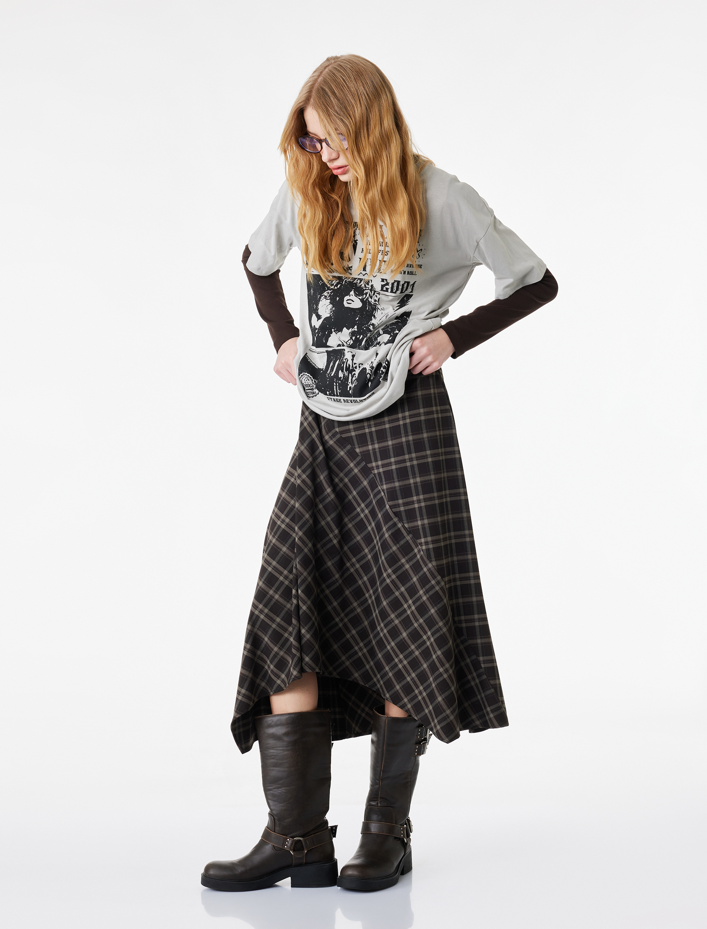   Ekoseli Yırtmaç Detaylı A Kesim Uzun Etek