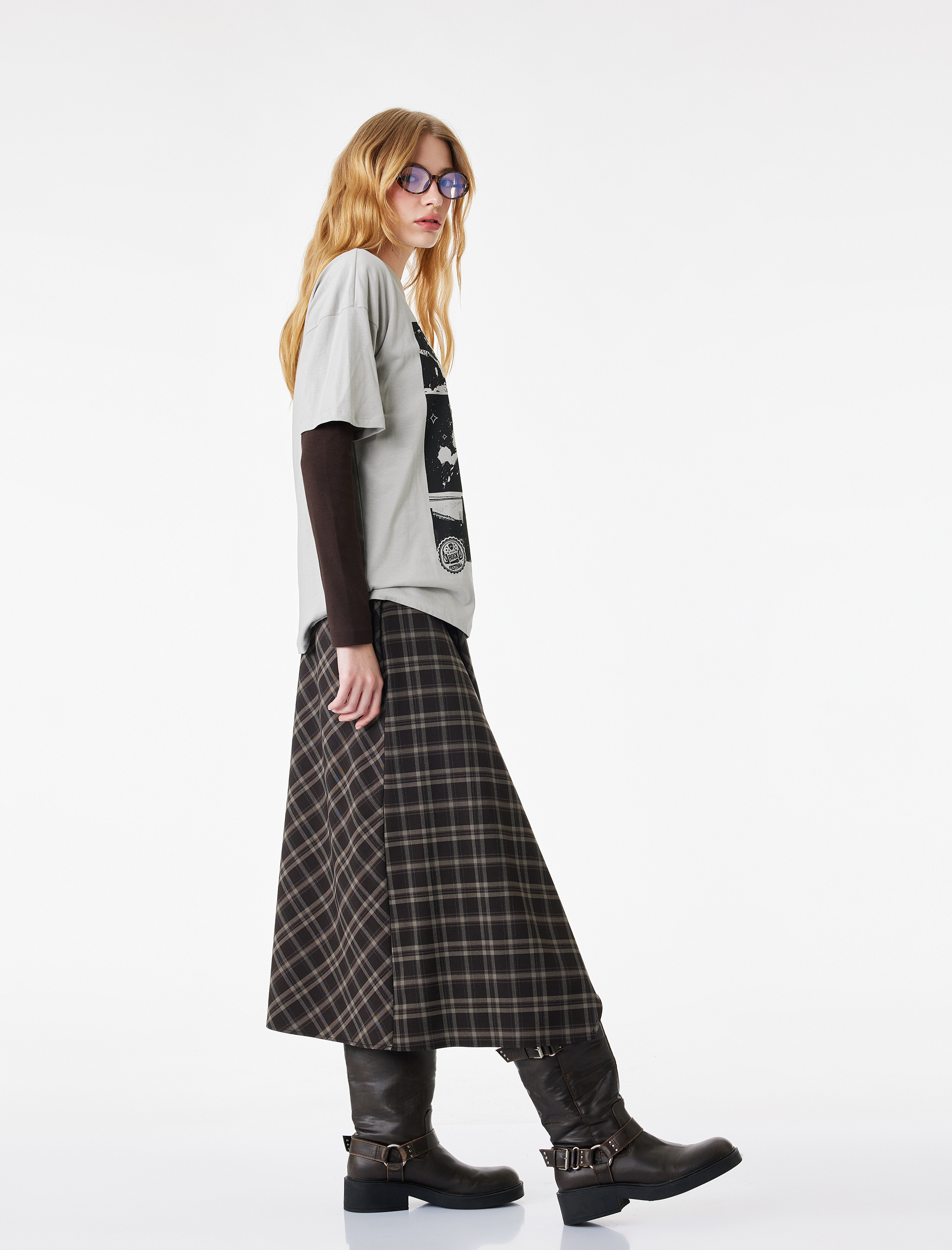   Ekoseli Yırtmaç Detaylı A Kesim Uzun Etek