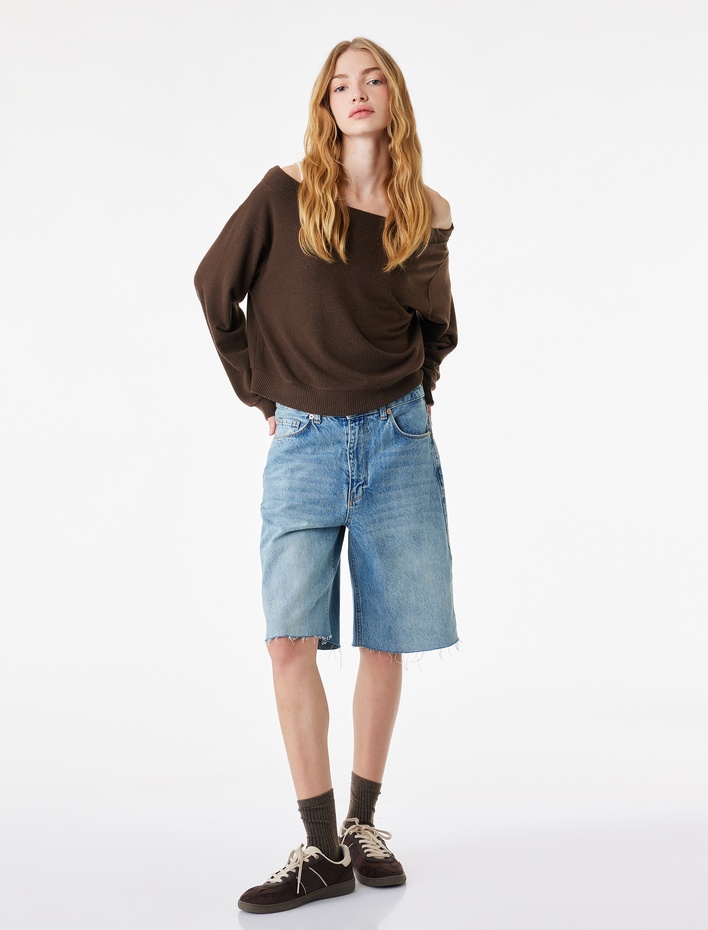  Uzun Kollu Yumuşak Dokulu Omzu Açık Tişört