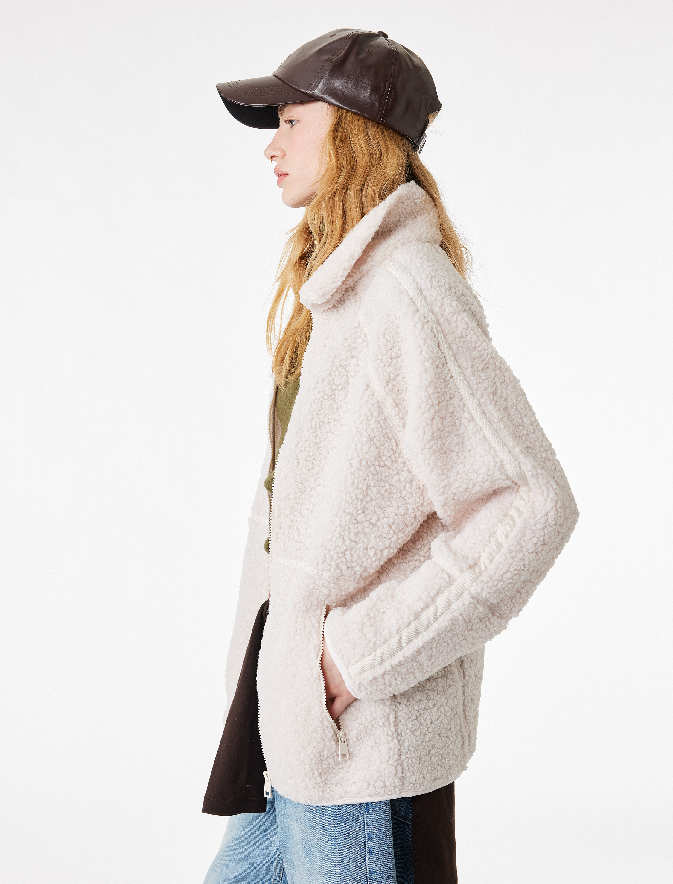   Uzun Kollu Dik Yaka Cep Detaylı Fermuarlı Oversize Peluş Ceket