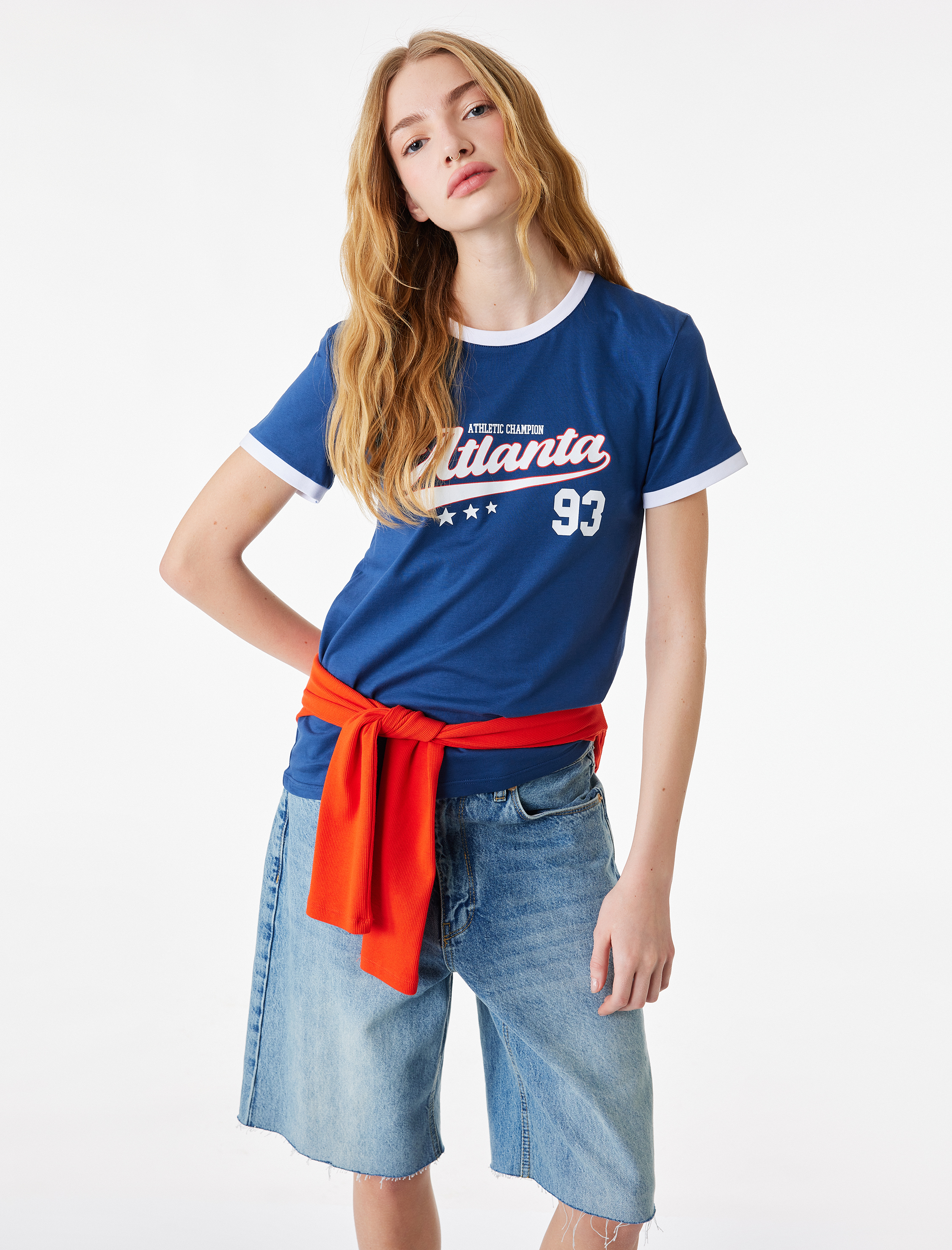   Pamuklu Kısa Kollu Bisiklet Yaka Baskılı Tişört