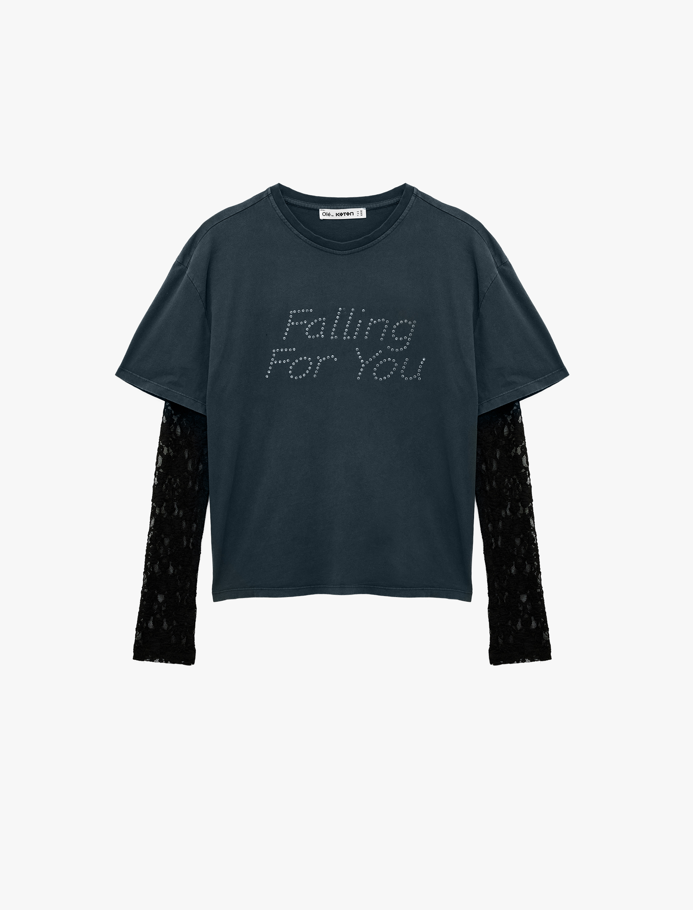   Pamuklu Dantel Detaylı Uzun Kollu Bisiklet Yaka Zımba Detaylı Tişört