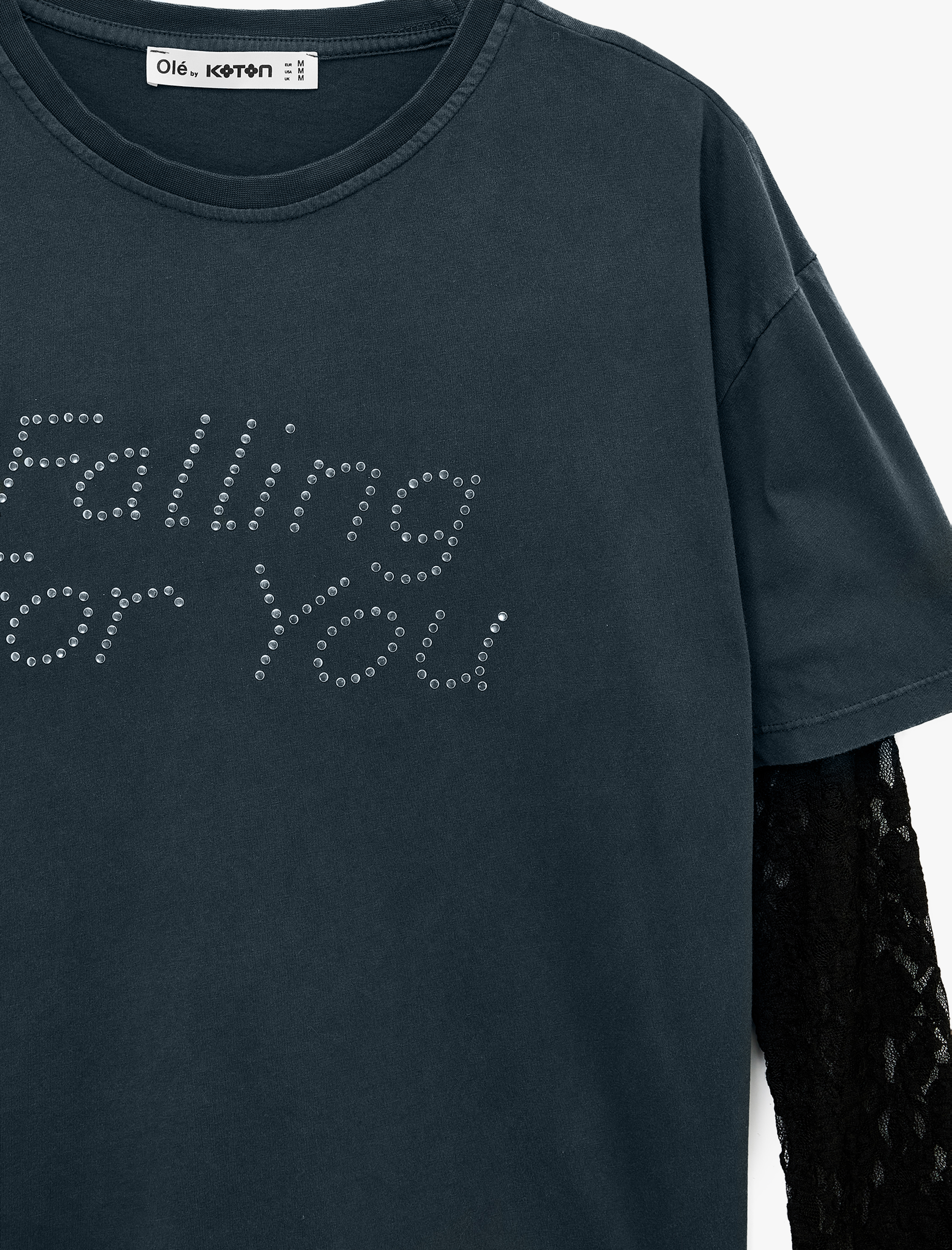   Pamuklu Dantel Detaylı Uzun Kollu Bisiklet Yaka Zımba Detaylı Tişört