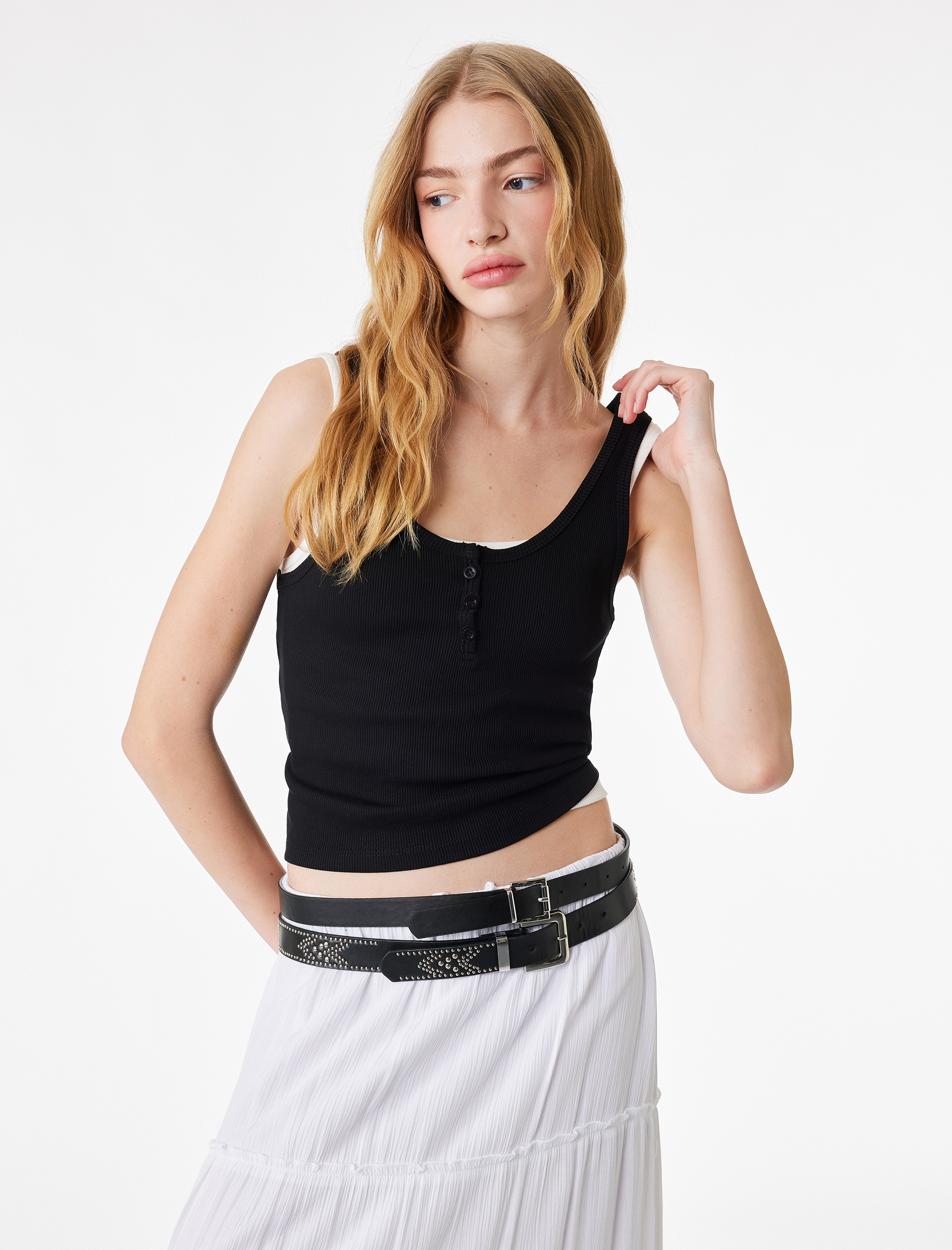   Pamuklu Yarım Düğmeli U Yaka Fitilli Atlet