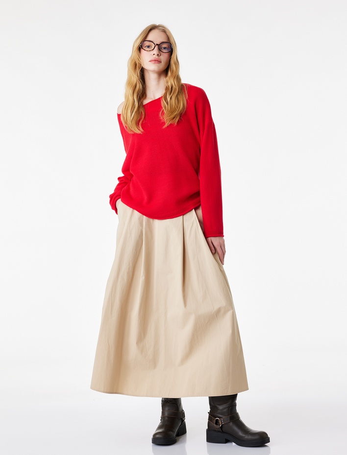  Kayık Yuvarlak Yaka Uzun Kollu Triko Kazak