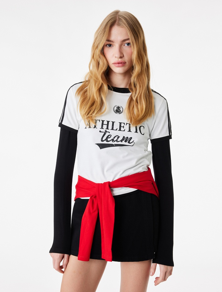  Pamuklu Kısa Kollu Bisiklet Yaka Baskılı Forma Tişört