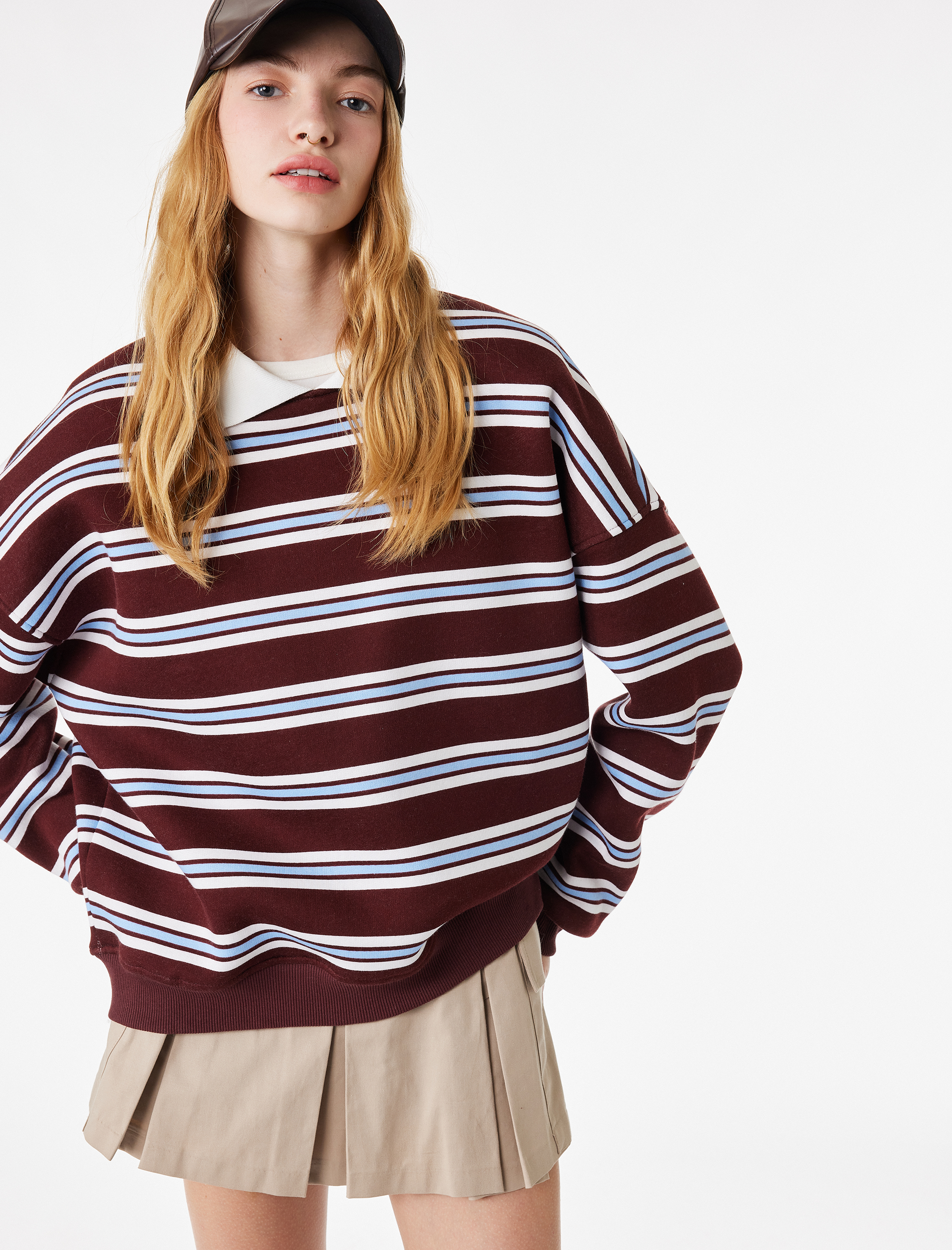   Üç İplik Şardonlu Uzun Kollu Polo Yaka Çizgili Rugby Sweatshirt