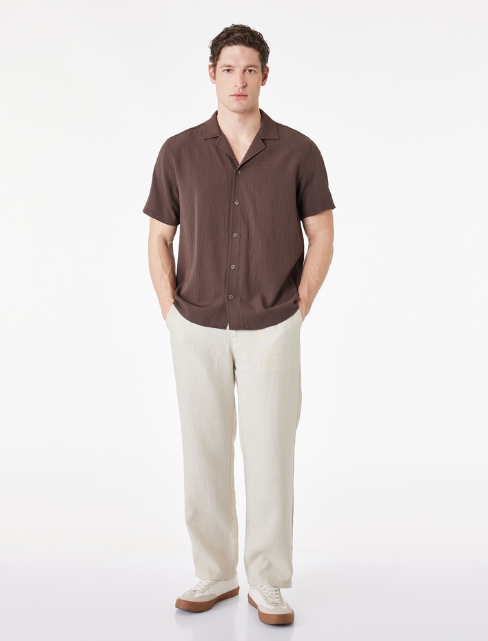  Kısa Kollu Viskon Karışımlı Krinkıl Kumaş Devrik Yaka Gömlek