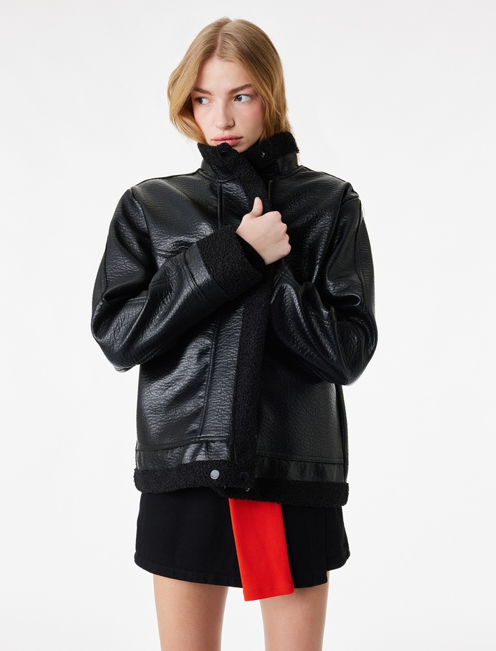  Peluş Astarlı Dik Yaka Çıtçıt Düğmeli Fermuarlı Suni Deri Ceket
