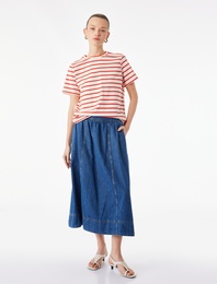 Rahat Kalıp Pamuklu Volanlı Midi Denim Etek