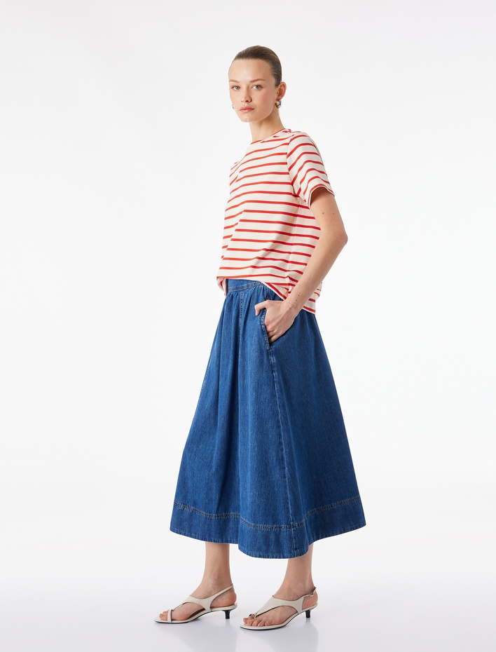  Rahat Kalıp Pamuklu Volanlı Midi Denim Etek