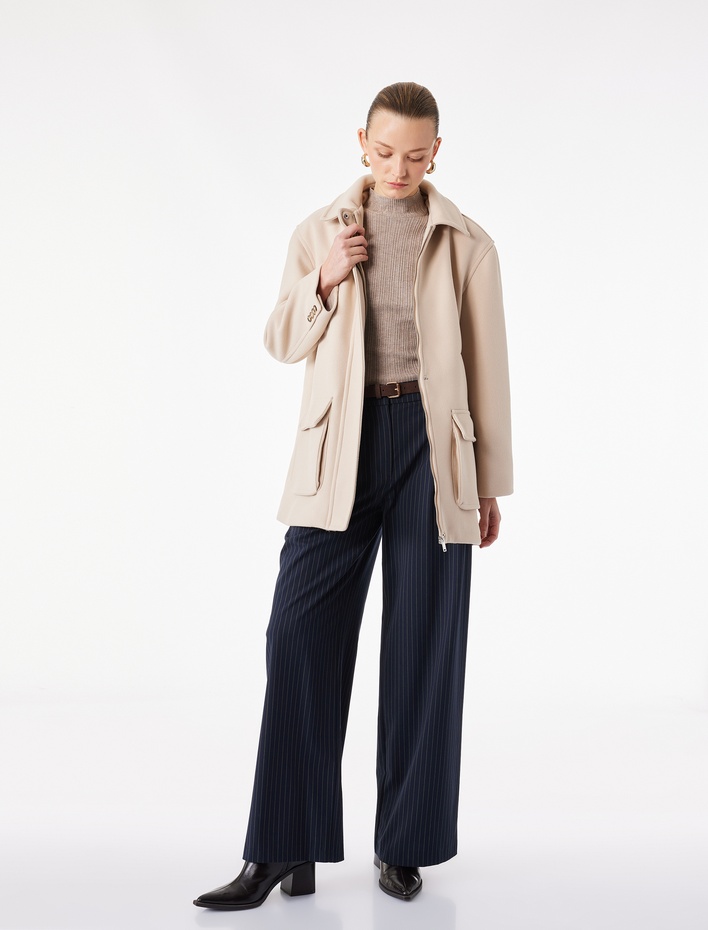  Uzun Kollu Cepli Fermuarlı Dik Huni Yaka Oversize Kaşe Kaban