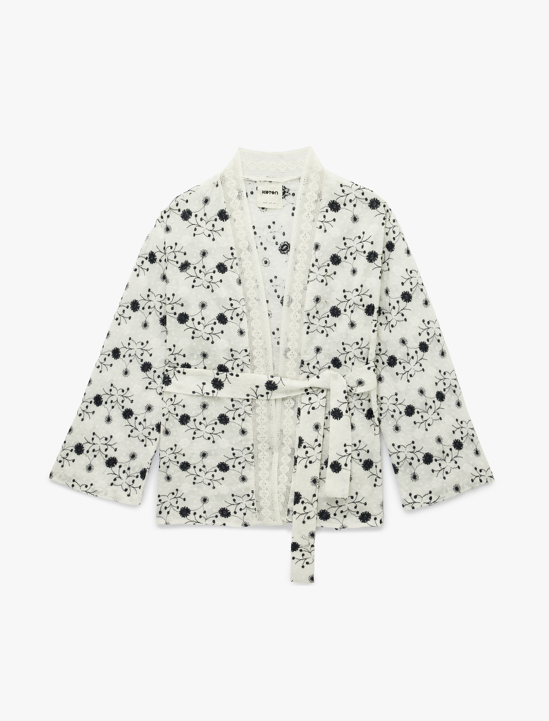   Pamuklu Uzun Kollu Kemerli Desenli Brodeli Kimono Ceket