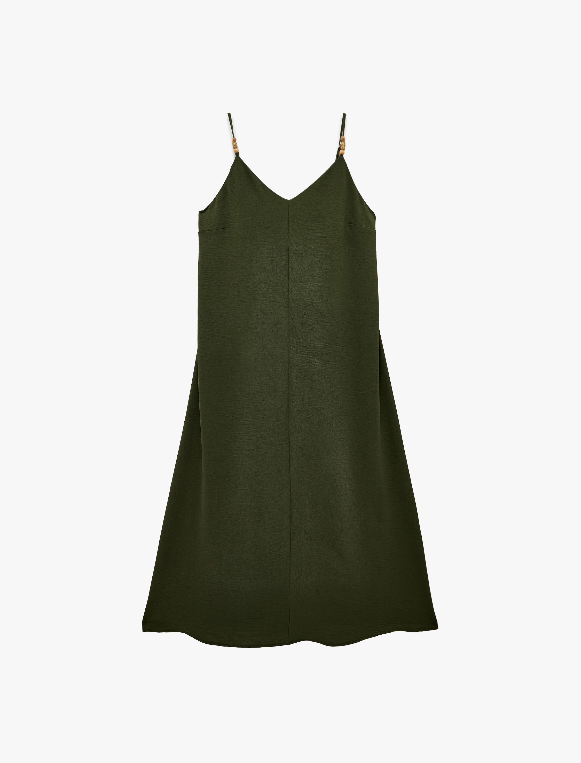   Aerobin Kumaş Ahşap Boncuk Detaylı İp Askılı Uzun Saten Elbise