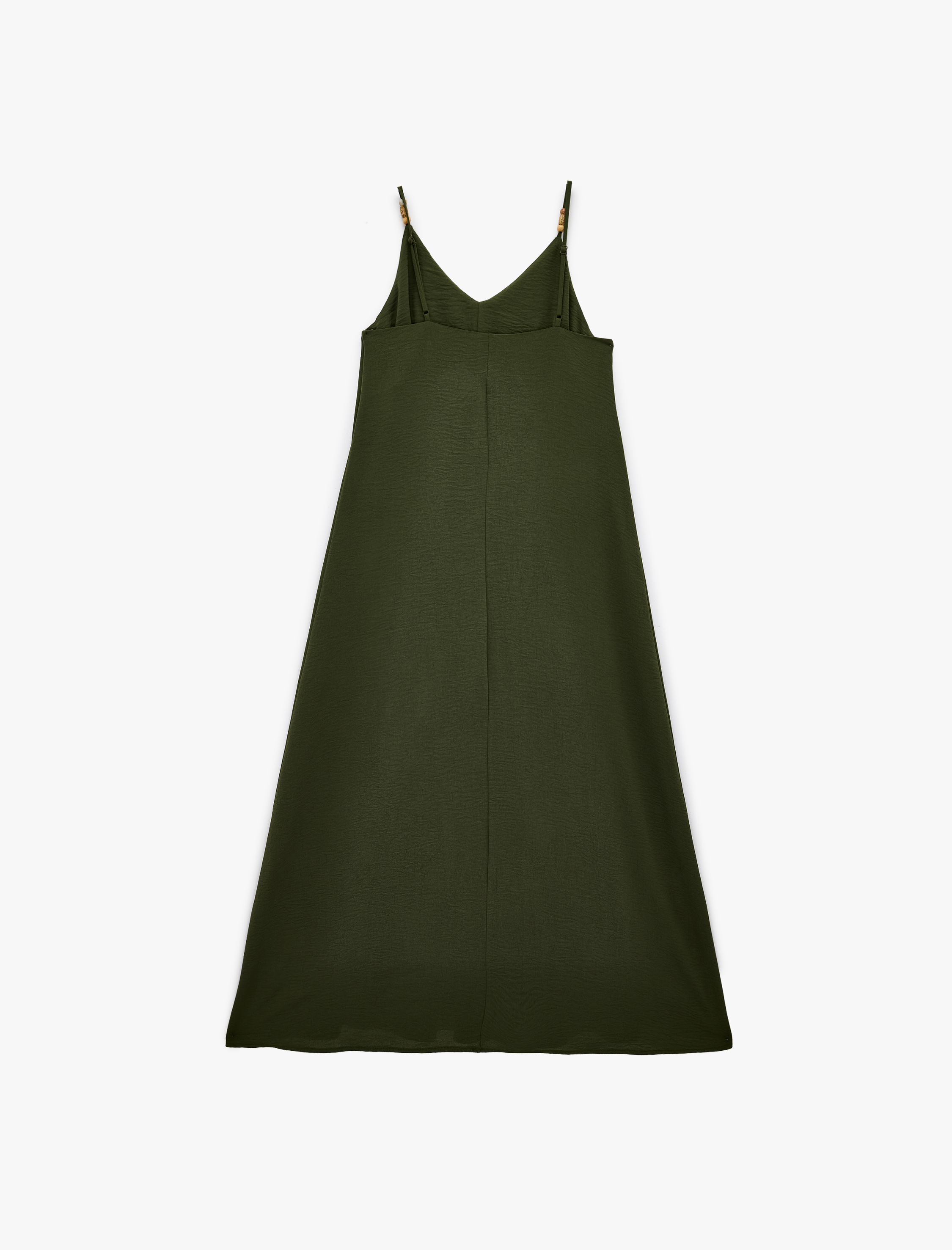   Aerobin Kumaş Ahşap Boncuk Detaylı İp Askılı Uzun Saten Elbise