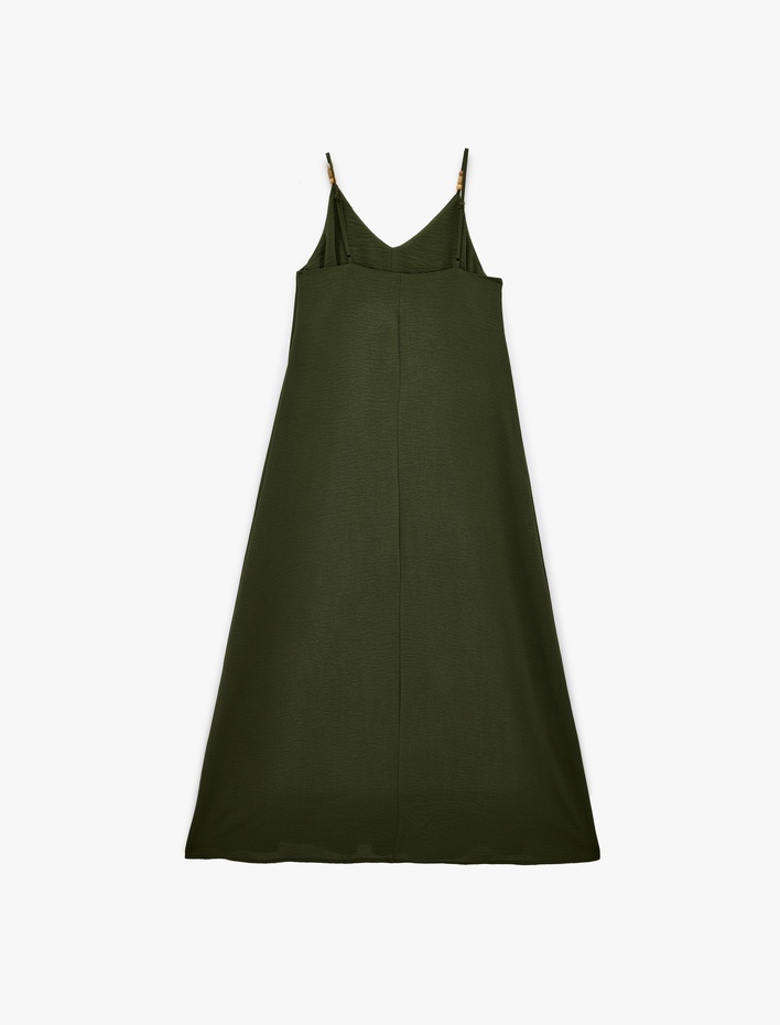  Aerobin Kumaş Ahşap Boncuk Detaylı İp Askılı Uzun Saten Elbise