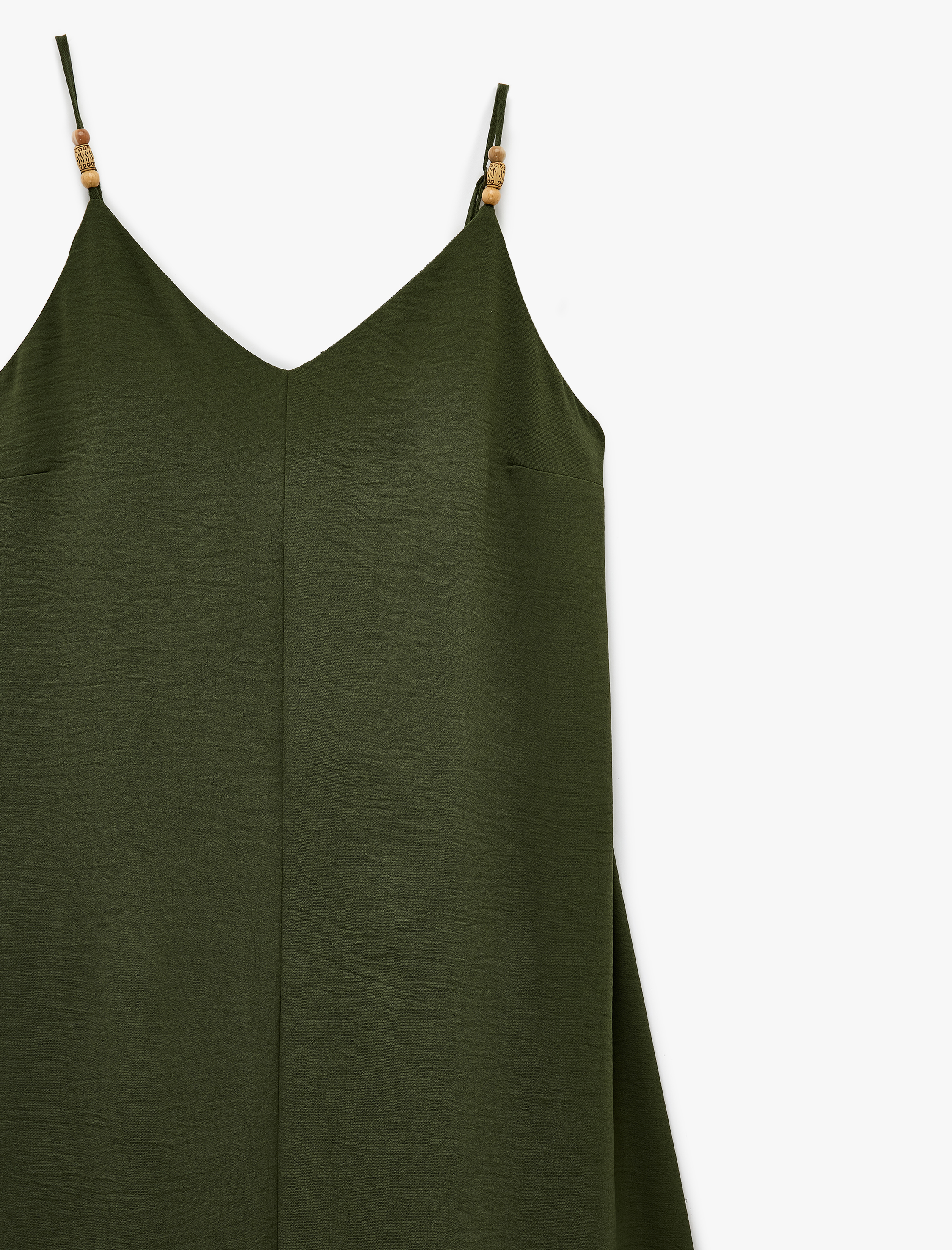   Aerobin Kumaş Ahşap Boncuk Detaylı İp Askılı Uzun Saten Elbise