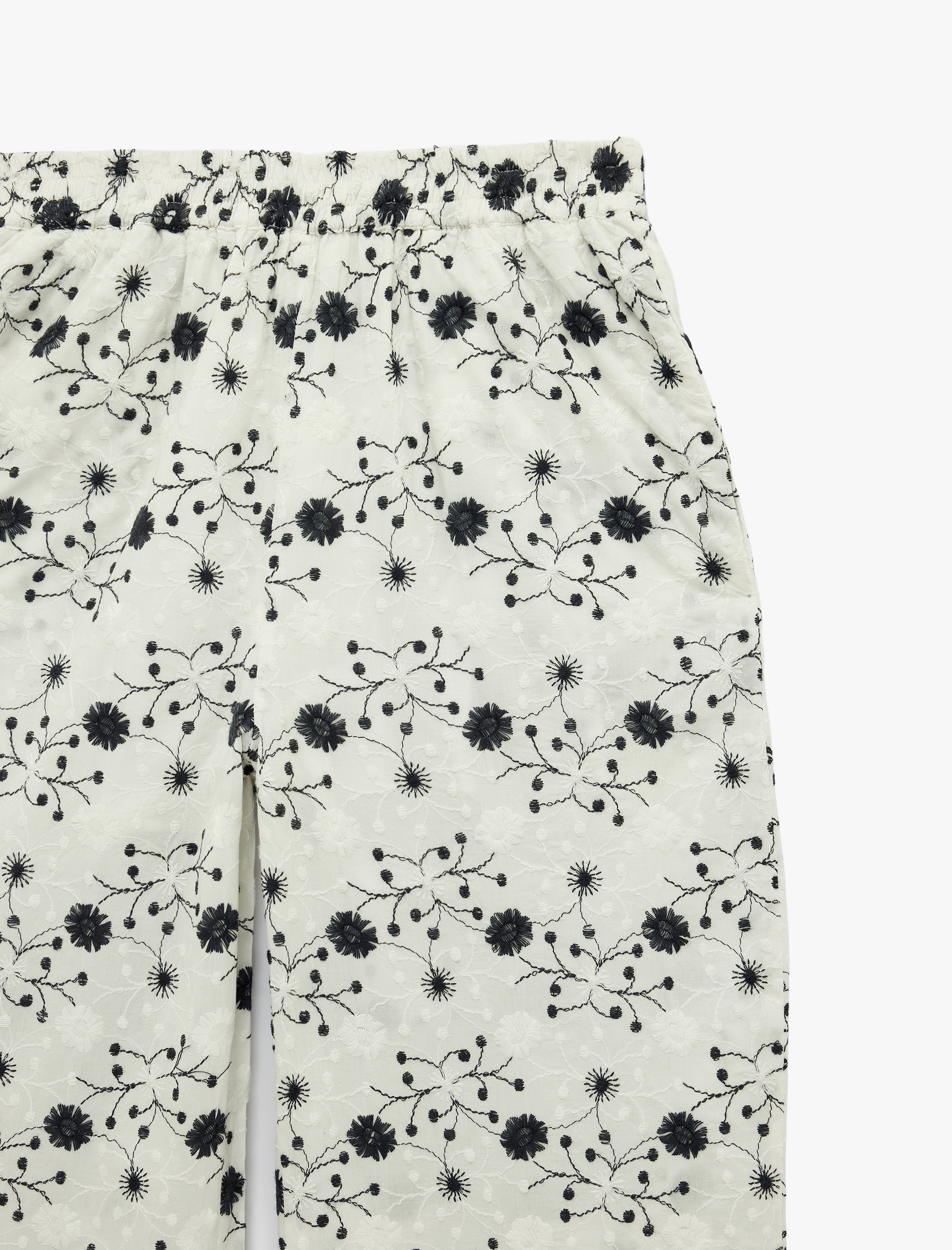   Pamuklu Cepli Yüksek Bel Düz Bol Paça Desenli Brode Pantolon