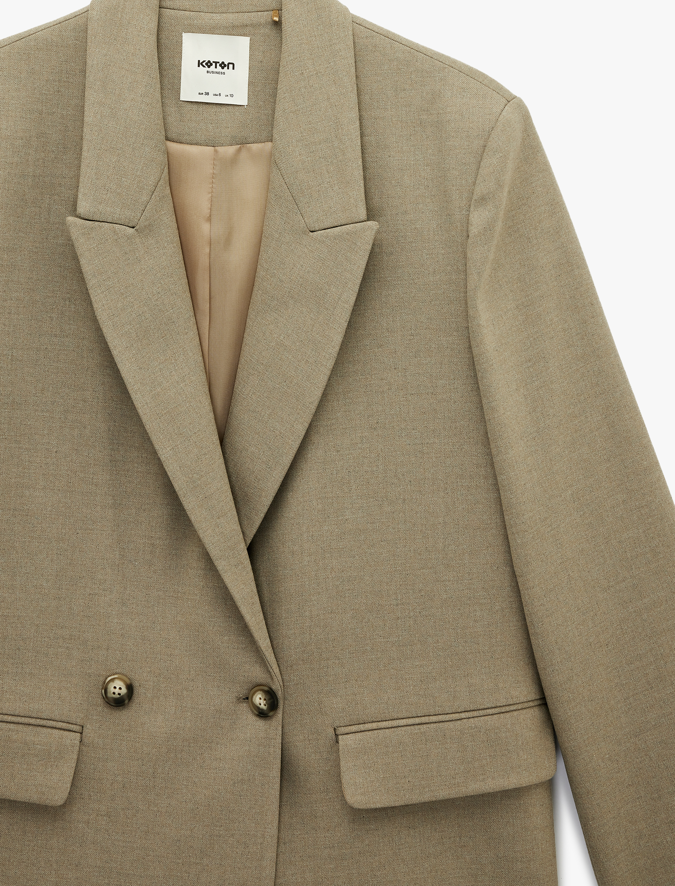   Uzun Kollu Viskon Karışımlı Düğmeli Cepli Kruvaze Yaka Blazer Ceket