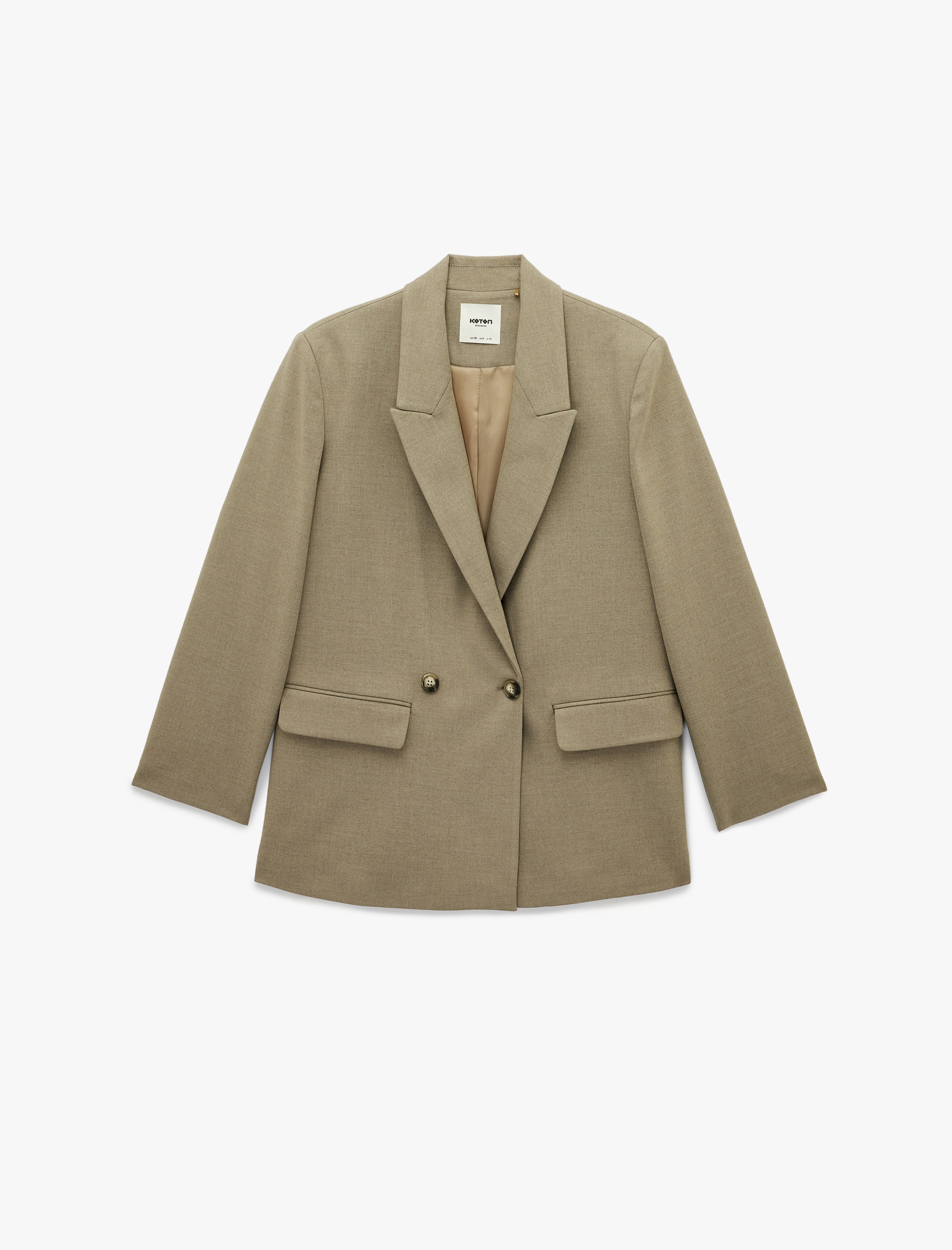   Uzun Kollu Viskon Karışımlı Düğmeli Cepli Kruvaze Yaka Blazer Ceket