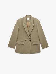 Uzun Kollu Viskon Karışımlı Düğmeli Cepli Kruvaze Yaka Blazer Ceket