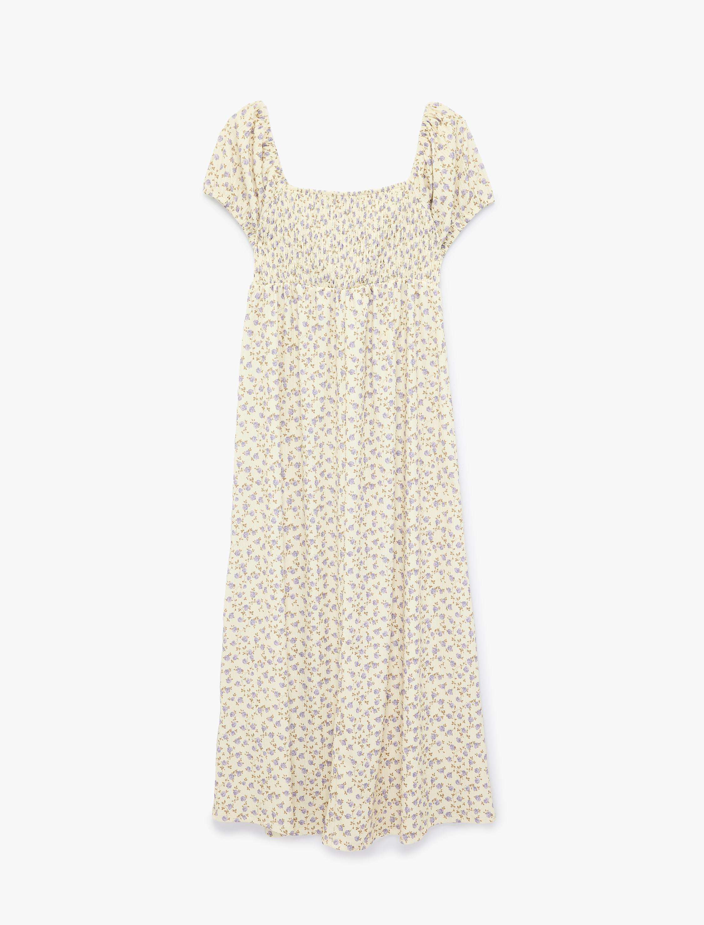   Kare Yaka Kısa Balon Kollu Uzun Çiçekli Elbise