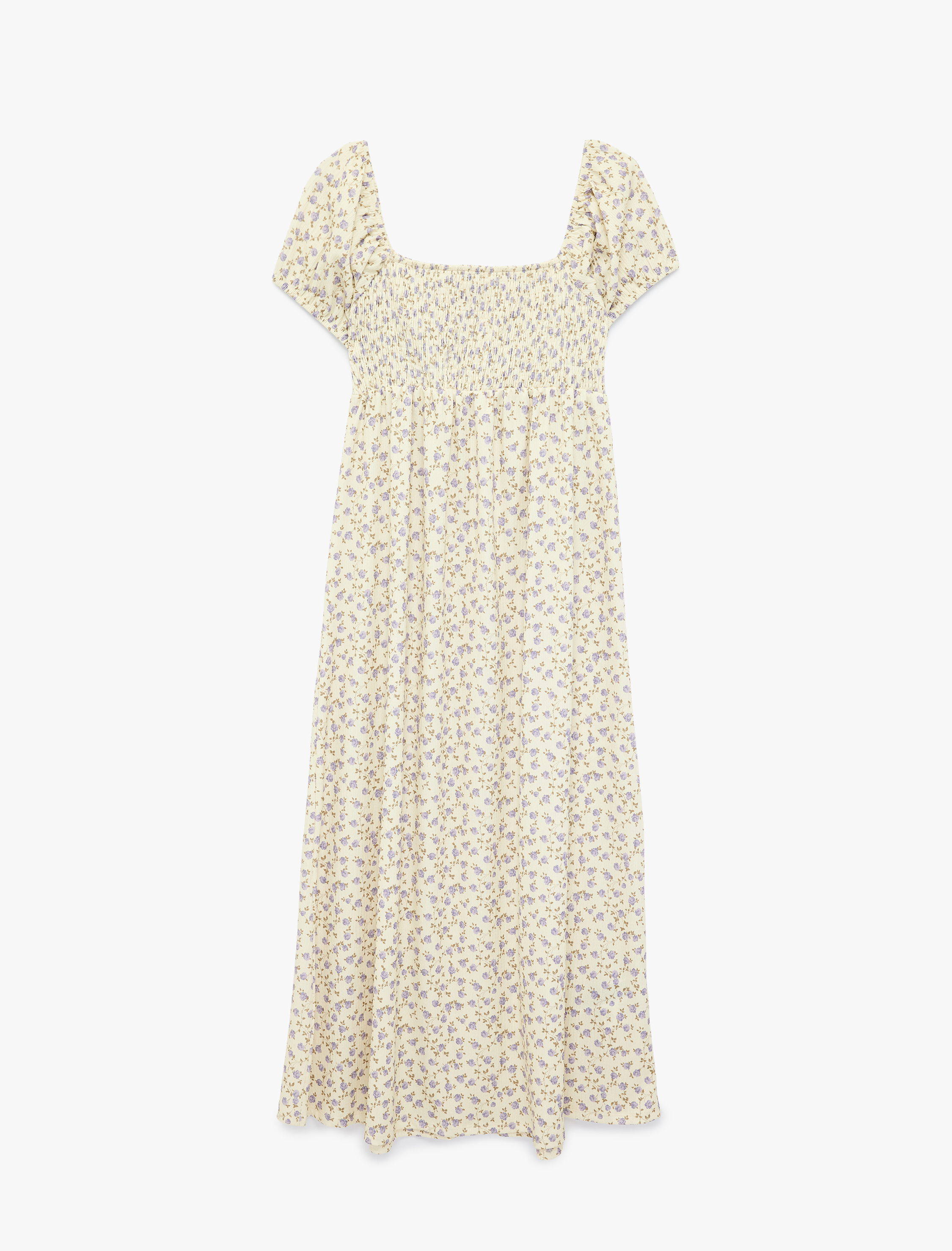   Kare Yaka Kısa Balon Kollu Uzun Çiçekli Elbise