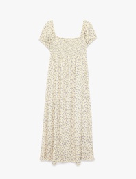 Kare Yaka Kısa Balon Kollu Uzun Çiçekli Elbise