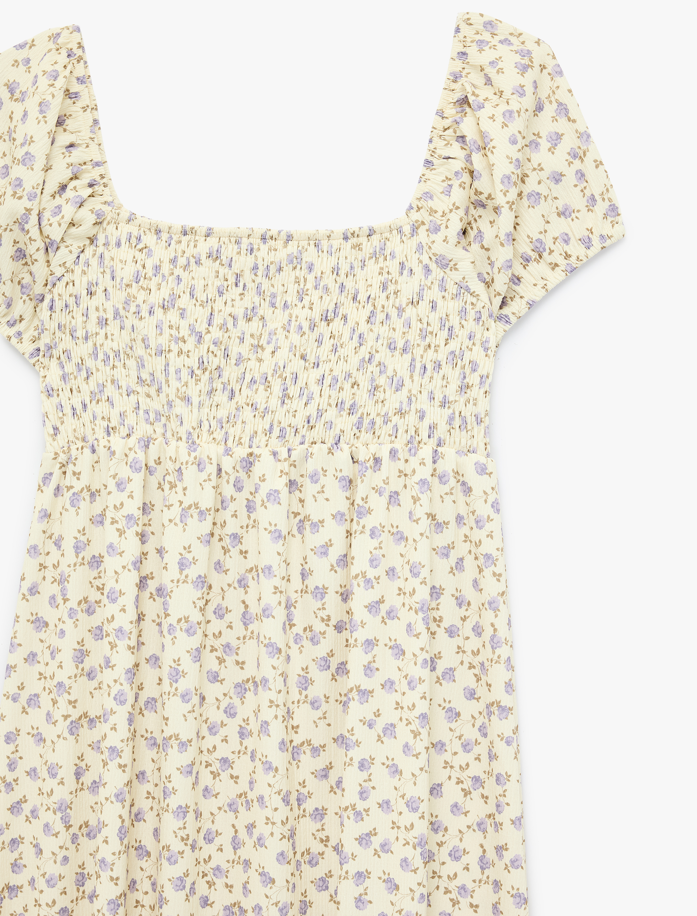   Kare Yaka Kısa Balon Kollu Uzun Çiçekli Elbise