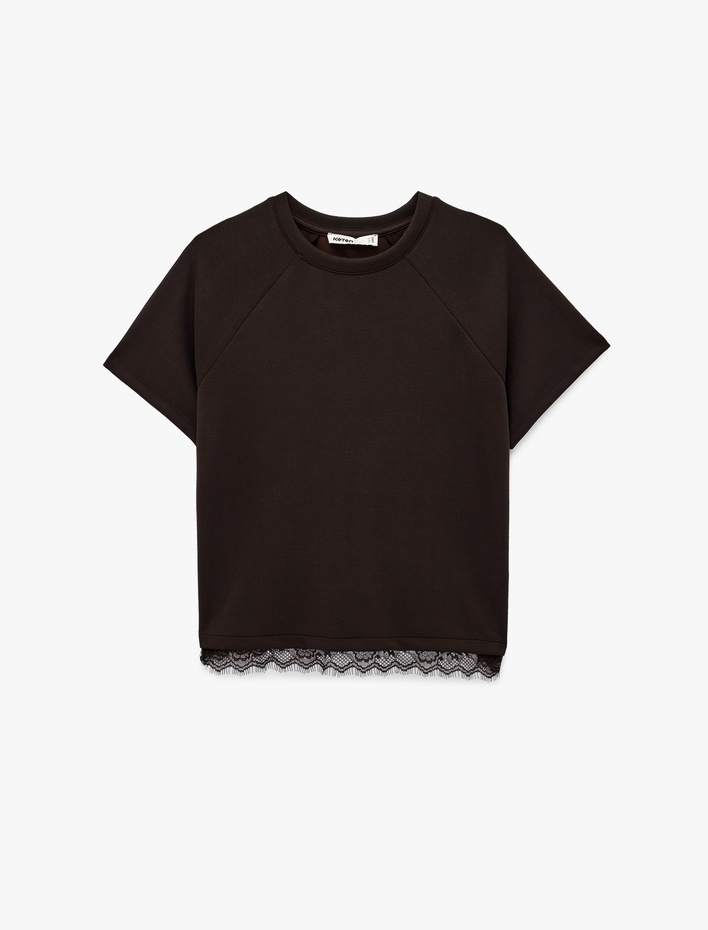 Modal Kumaş Kısa Kollu Bisiklet Yaka Dantel Detaylı Tişört